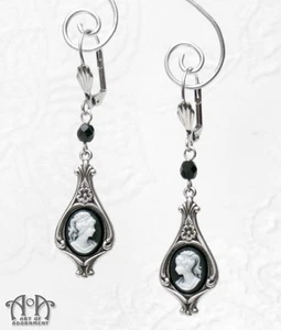Gothic Antique Silver WHITE BLACK CAMEO EARRINGS Victorian Style Dangle Drop E36 - Picture 1 of 4
