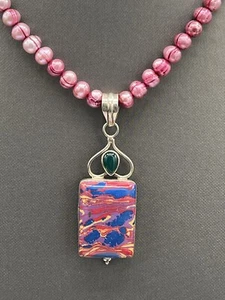 Chrysoprase 925 Silver Manmade  Composite  Pendant Pink Dyed Pearl 16” Necklace - Picture 1 of 11