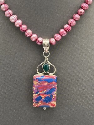 Ожерелье с подвеской из серебра 925 пробы с розовым окрашенным жемчугом ручной работы 16 дюймов - Изображение 1 из 4