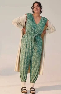 Anthropologie Weekend Sleep Lounge Jumpsuit Womens 1X Green Cream Jersey Stretch - Picture 1 of 10