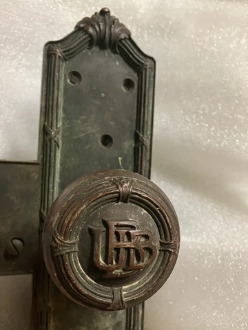 Antique Architectural Bronze Bank Door Lock Set w Key UBB United Bank of Bugaria Cover