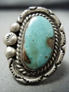 EYE-CATCHING VINTAGE NAVAJO GREEN TURQUOISE STERLING SILVER RING - Picture 1 of 7