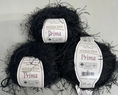3 ~ Moda Dea Prima Eyelash Nylon/Polyester Yarn 50g, 82 yds ea BLACK Made Italy - Image 1 of 4