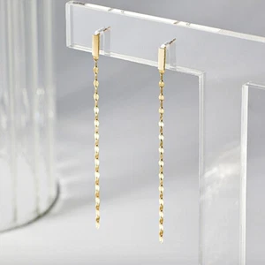 14K Solid Yellow Gold New Shine Long Drop Dangle Stud a Pair of Earring JNK - Picture 1 of 6