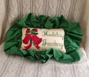 Vintage Cross Stitch Finished Pillow With Ruffle Edge, Holiday Greetings, Winter - Picture 1 of 8