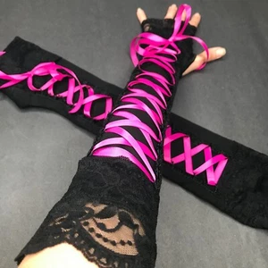 Hot Pink Corset Arm Warmers Black Lace Up Gloves Long Cosplay Wedding Sleeves - Picture 1 of 4