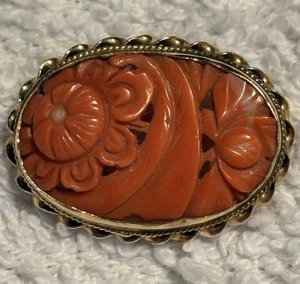 Antique 14k Gold & Carved Coral Pin Brooch 4.49 Grams 1 1/8”x3/4” - Picture 1 of 5