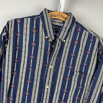 Vintage Trader Bay Western Shirt Mens L Navy Blue Stripe 100% Cotton Button Up - Image 1 of 4