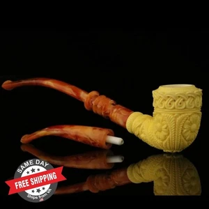 srv - Deluxe Carved Churchwarden Dual Stem by Kudret Meerschaum Pipe +case M3360 - Picture 1 of 12