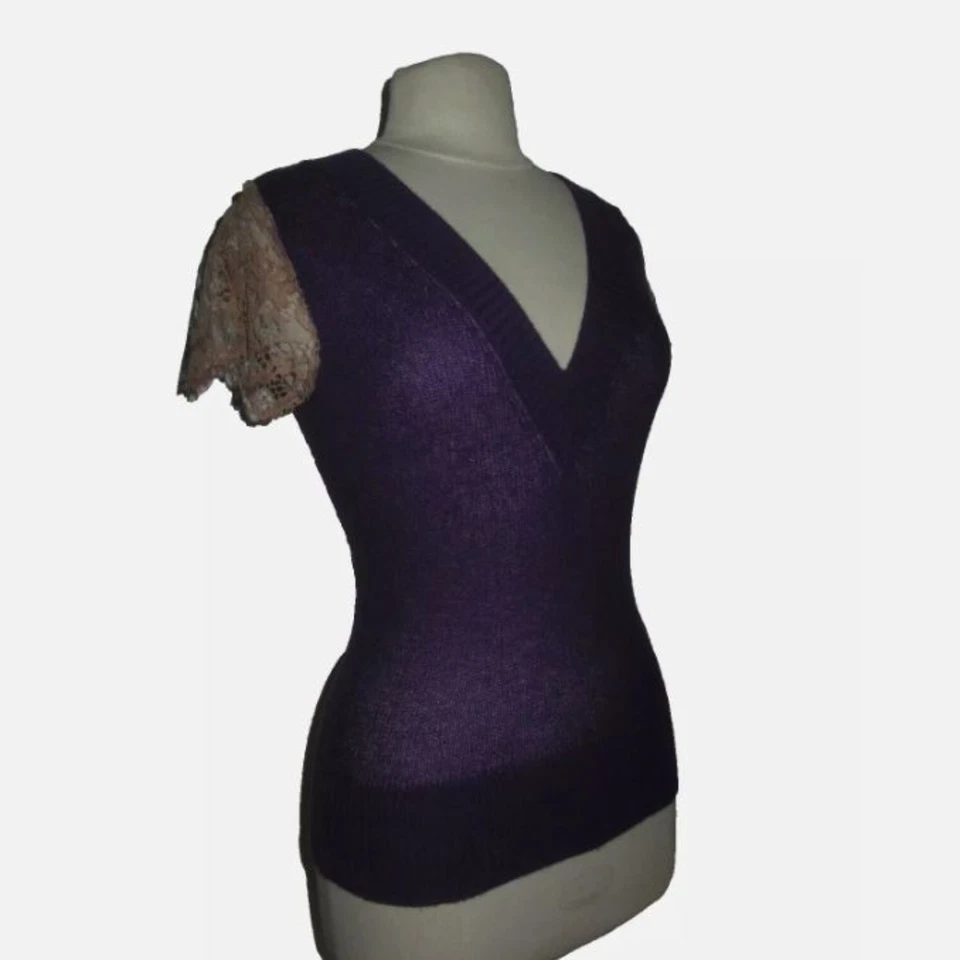 Vicedomini Ungaro Top Small Cashmere Purple Lace Sleeve Knit Slim Fit Italy - Image 1 of 4
