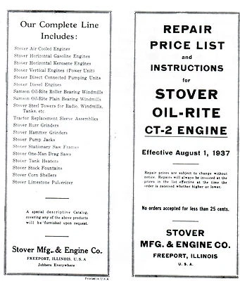 FLYWHEEL SUPPLY Stover CT-2 gas engine instruction book manual hit miss Wico EK motor parts list