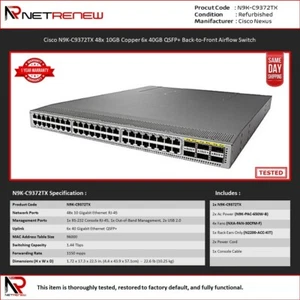 Cisco N9K-C9372TX 48x 10GB Copper 6x 40GB QSFP+ Back-to-Front Airflow Switch - Picture 1 of 1