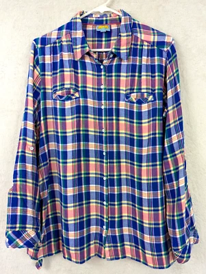 C&C California sz L Shirt multi color plaid print buttons long sleeves top 2175 - Image 1 of 3