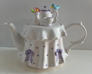 Teleflora "The Tea Party" Teapot w Ruffles & Purple Bows Lid W Flowers & Bird - Picture 1 of 13