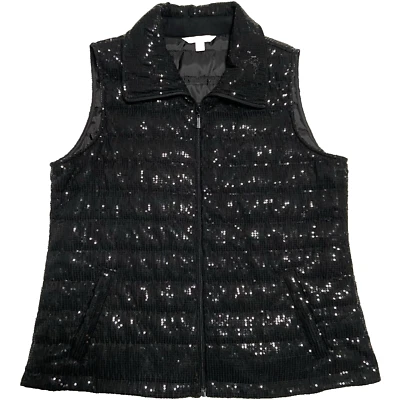 Chaleco Laura Ashley Negro Lentejuelas L Cremallera Completa Forrado Cálido Bolsillos Vacaciones Elegancia Foto 1 de 4
