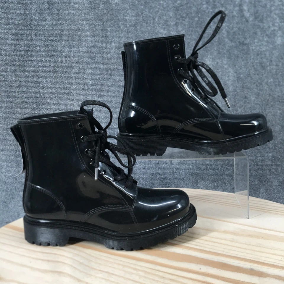 DKNY Rain Boots Womens 9 Tilly Black Rubber Lace Up Round Toe Ankle Top - Image 1 of 4