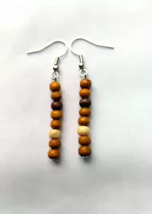Rustic Earthy Brown Wood Bead Stick Earrings Drop Hook Natural Handmade Boho - Picture 1 of 7