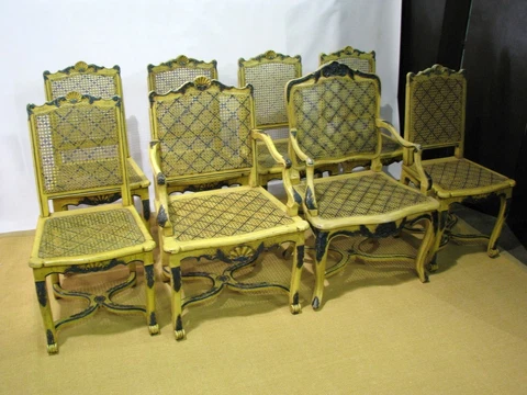 Eight Carved, Caned & Painted Provincial-Style Dining Chairs Stamped AGR Paris Cover