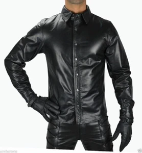 Camisa de cuero negra para hombre 100 % piel de cordero genuina calce ajustado elegante camisa de motociclista-113 - Imagen 1 de 11