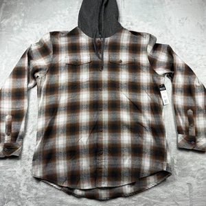 NWT Split Mens 2XL Hooded Flannel Shirt Brown Gray Plaid Button Front L/S - Picture 1 of 9