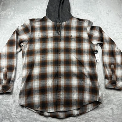 NWT Split Mens 2XL Hooded Flannel Shirt Brown Gray Plaid Button Front L/S - Image 1 of 4