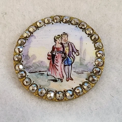 GORGEOUS ANTIQUE PAINTED ENAMEL W/A COUPLE SCENE AND A CUT STEEL BORDER  1-1/18" Cover