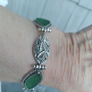 Green Marque shaped Sea Glass Toggle Bracelet .925 Sterling Silver large 35 gram