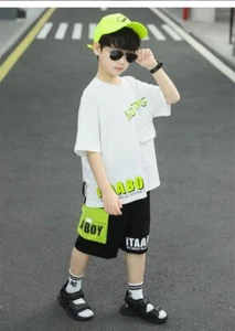 Boys Summer Suit Hip Hop Short Sleeve + Pants 2piece Children Cotton Sportswear - Picture 1 of 15
