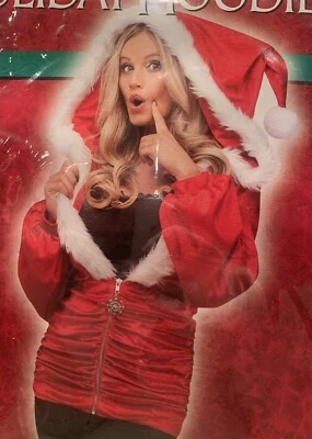 Holiday Hoodie Red Velour & White Faux Fur Zip Front Ladies Jacket. Size: M/L - Image 1 of 4