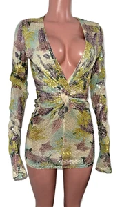 Akira S Sequin Floral Lined L/S Knotted Plunge Prom Evening Cleavage Dress New - Picture 1 of 3