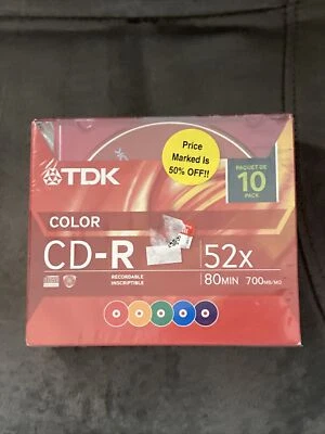 TDK CD-R  Color 10 Pack Recordable/Grabable 52× 80Min 700mb/mo. New - Image 1 of 2