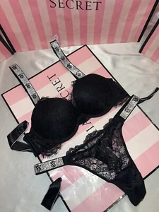 Victoria's Secret Push Up Bra Shine Strap 32D Medium Thong Black Lace Beautiful - Picture 1 of 4