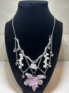 Layered Elegant, Cultured Pearls & Homemade Pink Glass flower pendant Necklace - Picture 1 of 7