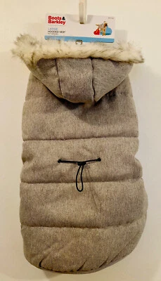 BOOTS & BARKLEY Hooded Vest Gray Tweed Fur Trim Lined Wide Strap 80lbs Lg NEW - Image 1 of 4