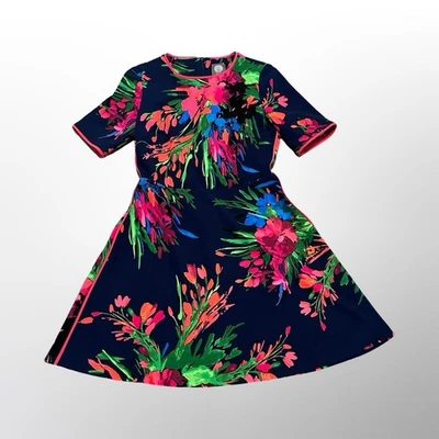 Vince Camuto Floral Print Dress, Short Sleeve, Navy Blue, Women's Size 6P - Image 1 of 4