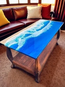 Blue Wave Epoxy Resin Dining Table Wooden Live Edge Hallway Furniture - Picture 1 of 10