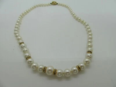 Faux White Pearl Necklace w CZ Stones 20" - Image 1 of 4