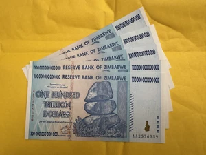 🤫📈 LOT OF 5 - AUTHENTIC ZIMBABWE 100 TRILLION DOLLAR CURRENCY, AA/2008, UNC - Picture 1 of 8