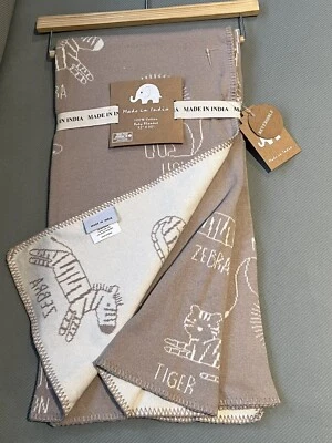 Сделано в Индии 100% хлопок вязаный Baby одеяло лев зебра тигр жираф бежевый новый - Изображение 1 из 4