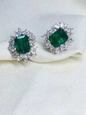 Gorgeous Deep Green Emerald Cut 8.29CT Emerald With Shiny White CZ Stud Earrings - Image 1 of 4