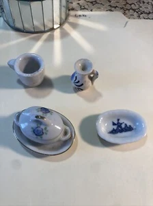 Vintage Lot /miniature dollhouse Porcelain Soup Dish, Pitcher,oval Plate - Picture 1 of 9