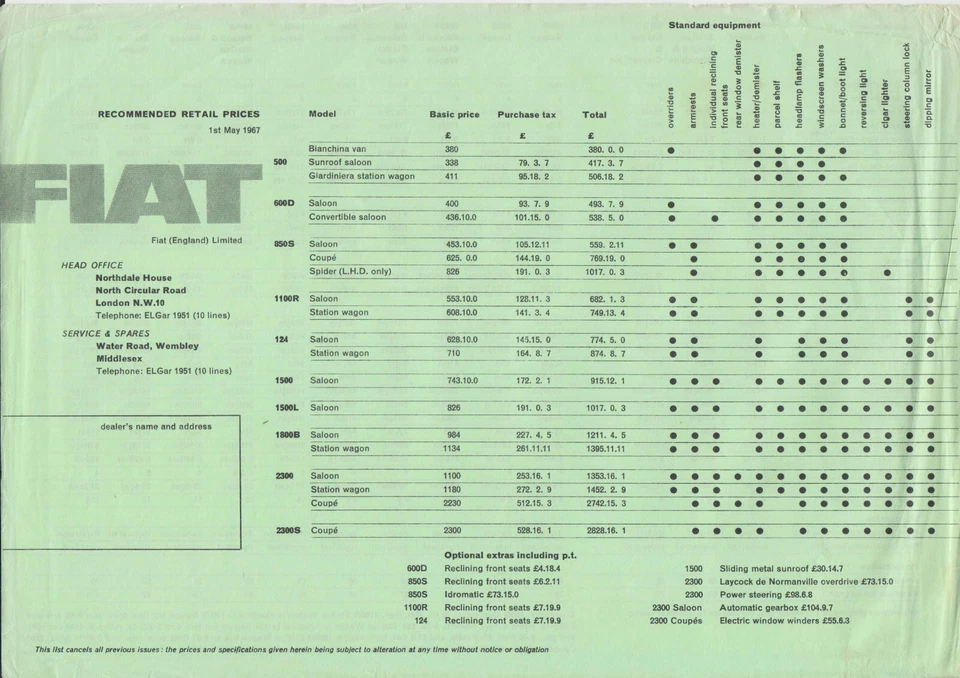 Fiat оригинальный Великобритании прайс-лист 1967 500 600 850 1100 1500 1800 2300 2300S - Изображение 1 из 1