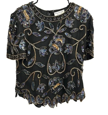 Sequin Beaded Large Papell Boutique Evening Black Floral Top Event Holiday Glam - Image 1 of 4