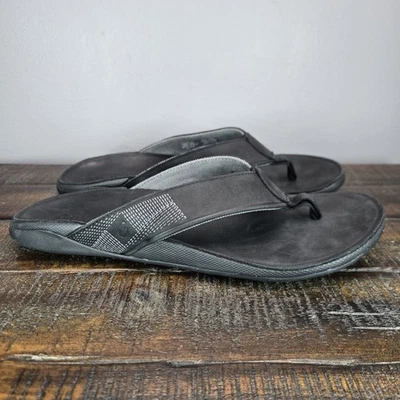 OluKai Tuahine Mens Size 11 Beach Flip Flops Sandals Leather Black Gray - Image 1 of 4