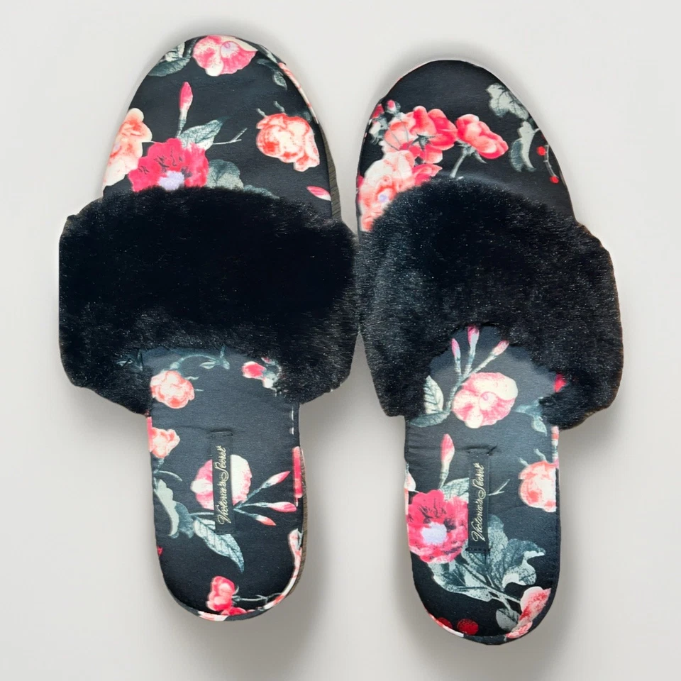 Acogedoras pantuflas Victoria’s Secret satinadas florales de piel sintética negras rojas talla L Foto 1 de 4