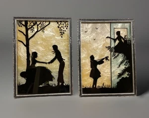 Paar 7x10" umgekehrt bemalte Silhouetten "Courting Couple" gerahmte Wandtafeln - Bild 1 von 4