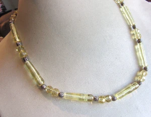 Vintage etched lemon yellow glass and silver tone beaded necklace -22" long - Picture 1 of 7