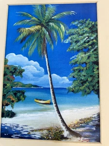 Cuadro acrílico playa palmera barco sin marco mini 10" x 8" firmado de colección - Imagen 1 de 9