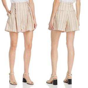 Joie Pleated Lace Up Shorts Womens 6 Tan Striped Box Boseda NEW - Picture 1 of 5
