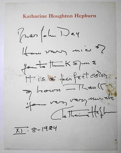 Billet manuscrit signé Katharine Hepburn. 1984. - Photo 1 sur 2
